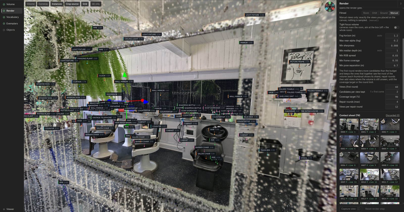 A browser application showing a Gaussian-splat reconstruction of a hair salon viewed through a doorway. Dozens of small dark label pills float over the scene, each reading a class name and a confidence — SALON CHAIR 0.93, BARBER CHAIR 0.92, WALL MIRROR 0.79, SHAMPOO BOTTLE 0.48, POTTED PLANT 0.84, FIRE EXTINGUISHER 0.94. A left rail lists five review points: Volume, Render, Vocabulary, Exemplars, Objects, the first four ticked. A right panel headed Render shows numeric thresholds and a contact sheet of 74 rendered views.