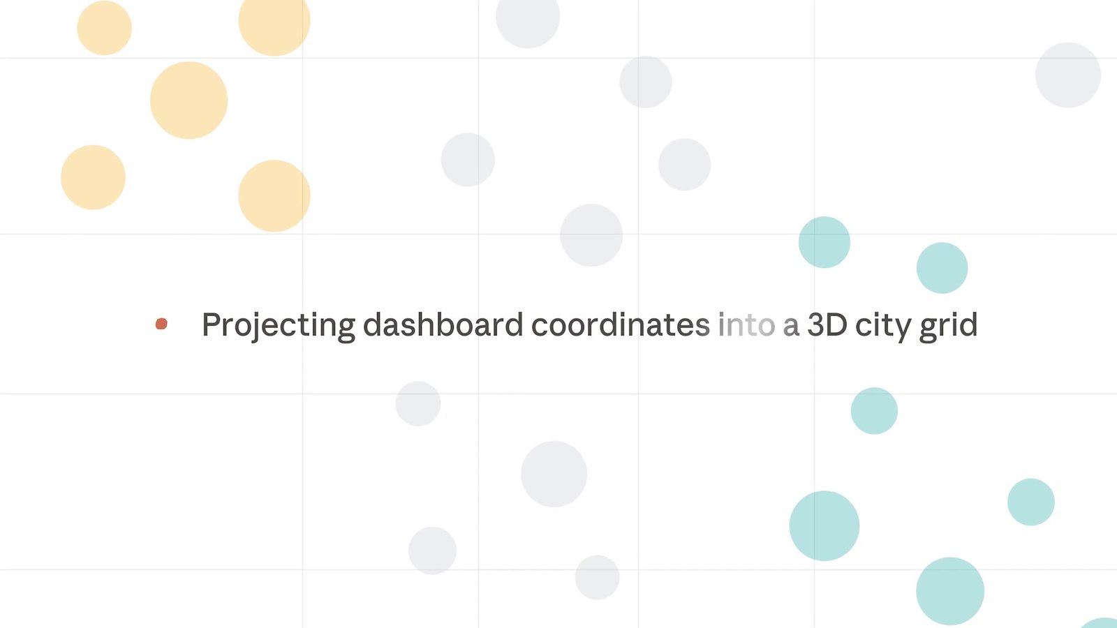 A white frame with faint yellow, grey and teal circles scattered across a grid, and one line of text: Projecting dashboard coordinates into a 3D city grid.