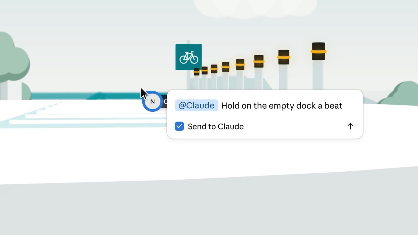 A frame of the animation showing a row of bike docks under a teal bike-share sign; a comment from user N pinned to the frame reads: @Claude Hold on the empty dock a beat, with Send to Claude ticked.