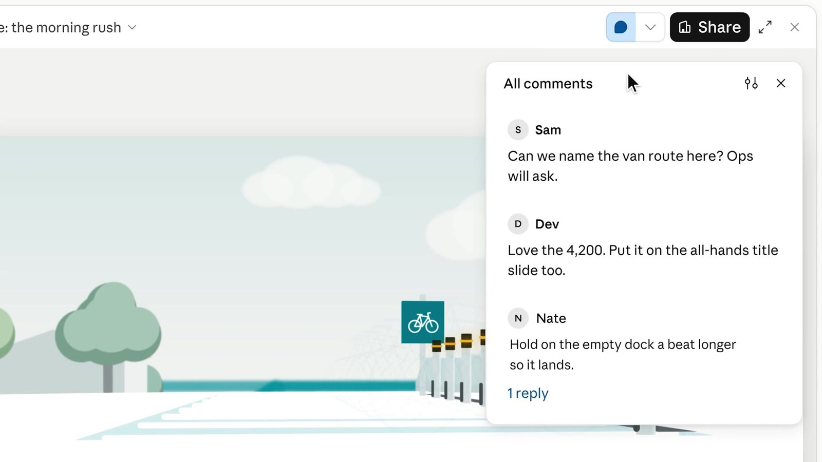 An All comments panel over the animation with three comments: Sam: Can we name the van route here? Ops will ask. Dev: Love the 4,200. Put it on the all-hands title slide too. Nate: Hold on the empty dock a beat longer so it lands, with 1 reply.