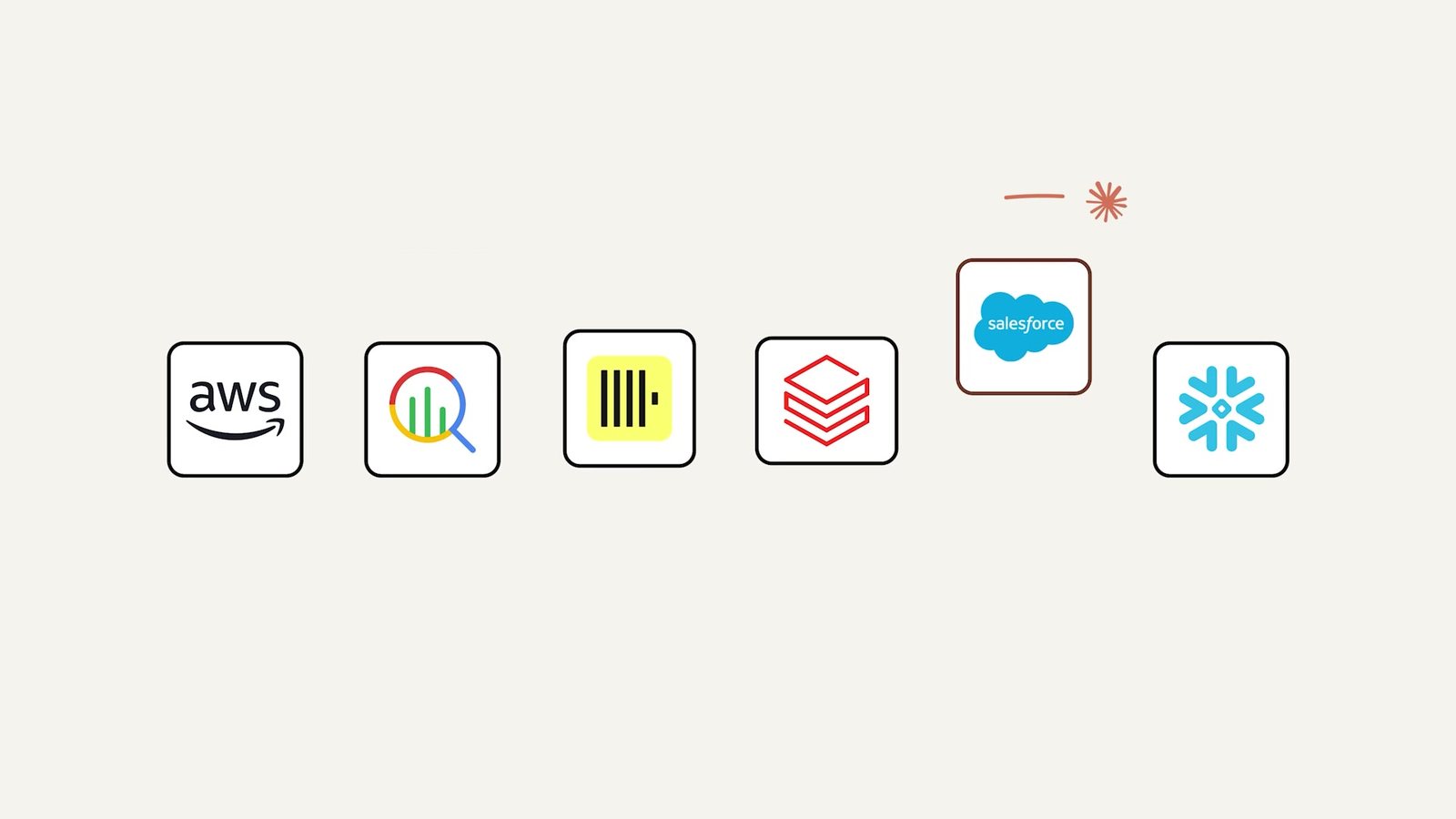 Six square app icons in a row on a light background, for the data sources Dashboards connects to: AWS, a magnifier-over-chart icon, a yellow barcode-style icon, a red layered-stack icon, Salesforce and Snowflake.