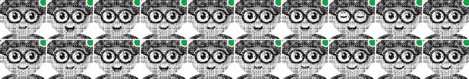Twenty consecutive crops of the dithered mascot's face from the round avatar, two rows of ten, at fifteen per second. The mouth changes between a closed smile, a small open mouth and a wider open mouth showing a tongue; in one frame the eyes are closed in a blink.