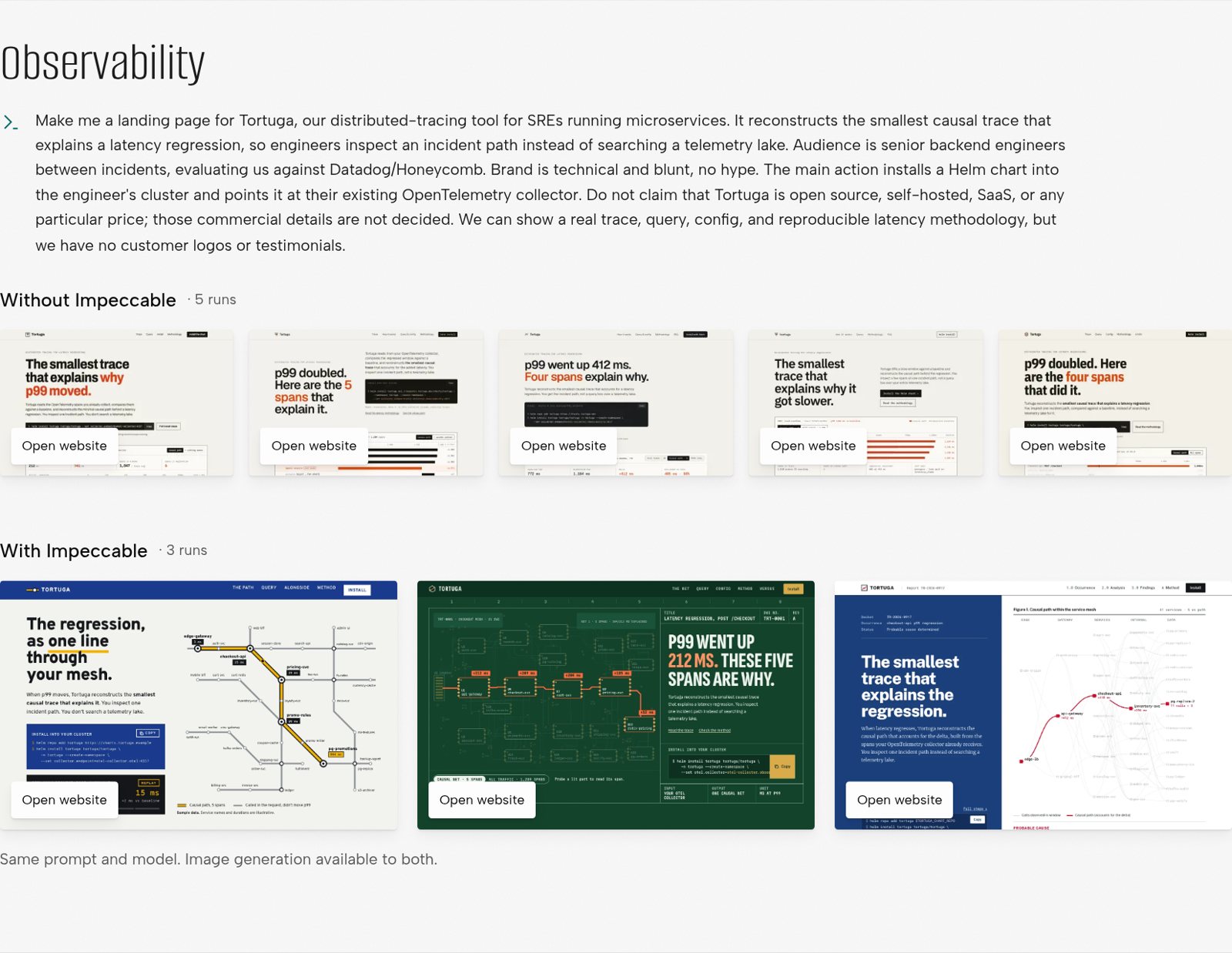 The Observability brief from the gallery. A long prompt for Tortuga, a distributed-tracing tool. Below it, five screenshots labelled Without Impeccable, all cream pages with a black headline about the smallest trace explaining p99 latency. Then three labelled With Impeccable: a transit-map page, a dark green terminal-style page with large type reading P99 WENT UP 212 MS, and a blue-and-white page with a trace diagram.