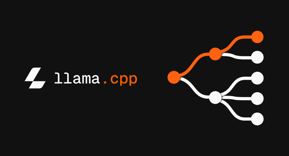 The header graphic of the ggml-org blog post: the llama.cpp wordmark on a dark background, beside a tree of nodes in which one path from the root is drawn in orange to a single highlighted leaf among five.