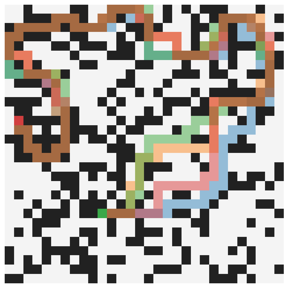 A 30 by 30 Maze-Hard instance drawn as a pixel grid: black cells are walls, light cells are open, with a green start cell and several overlapping coloured paths of equal length winding from start to goal, illustrating that the maze admits many distinct shortest paths.