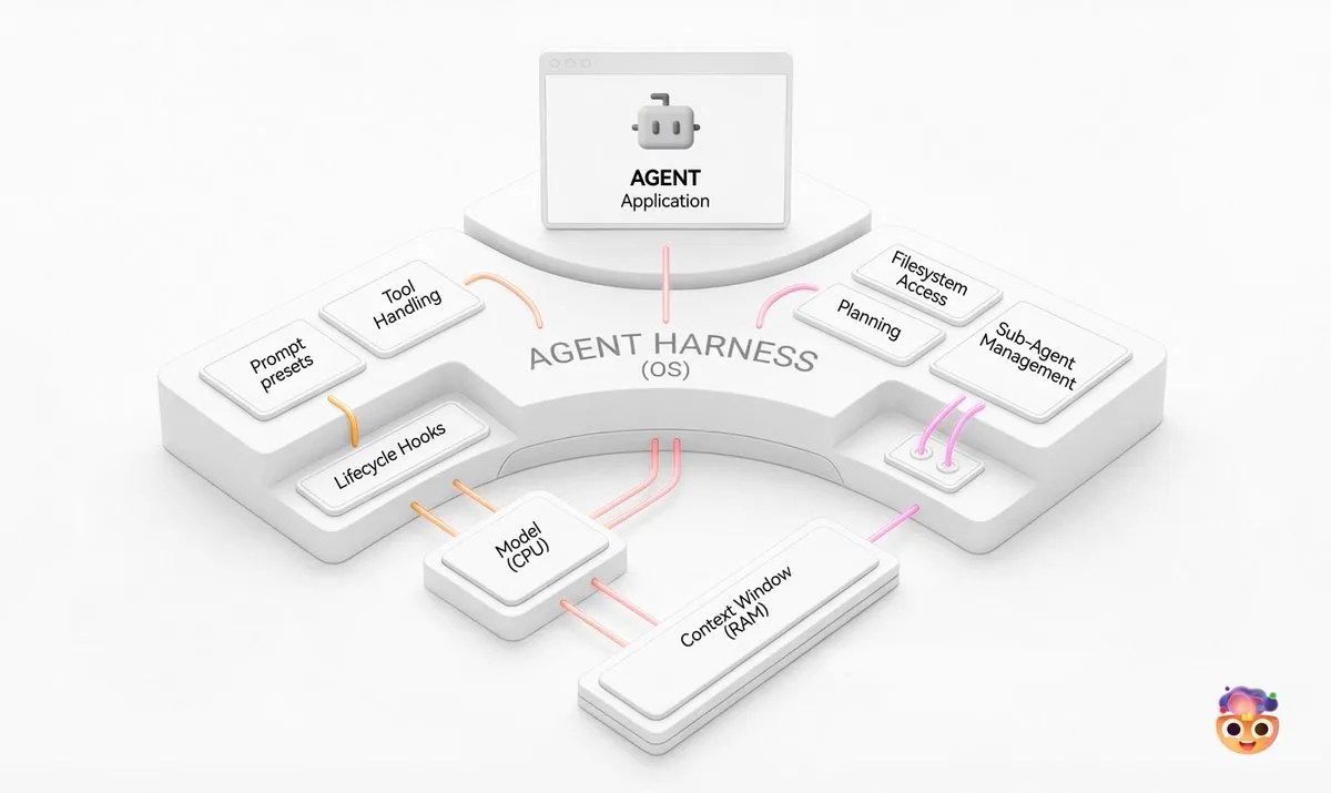Isometric illustration of an agent harness as an operating system: the agent application sits on top; the harness layer holds prompt presets, tool handling, lifecycle hooks, planning, filesystem access and sub-agent management; below it the model is labelled CPU and the context window RAM.
