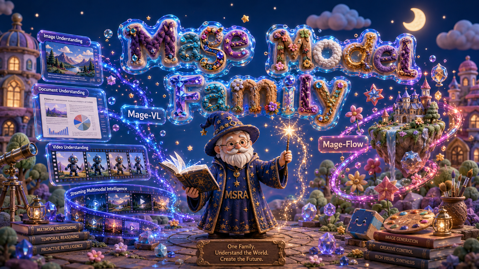 A dense gallery of images generated and edited by Mage-Flow, spanning photorealistic portraits, illustrations, posters with rendered text, and edited scenes across many aspect ratios.