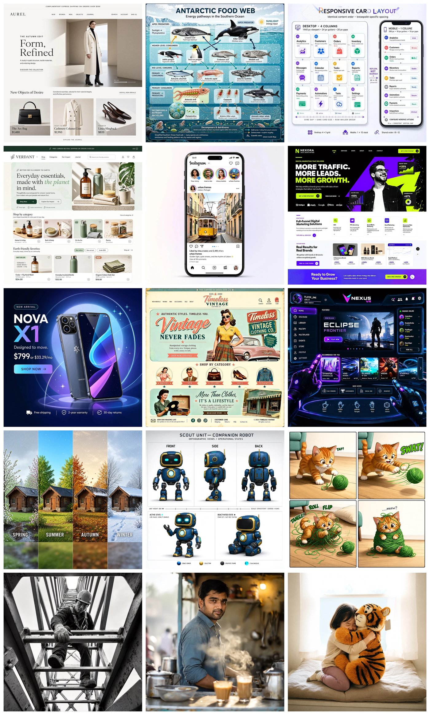 A grid of fifteen 2048-pixel generations in five rows of three: a fashion storefront web page, an Antarctic food web infographic, a responsive card layout diagram with desktop and mobile columns, an eco-shop landing page, an Instagram-style post in a phone frame, a marketing agency landing page, a smartphone product ad, a vintage clothing shop page, a VR game dashboard, a cabin across four seasons, a robot orthographic design sheet, a four-panel kitten comic, and three photographic portraits of a climber, a chai vendor and a child hugging a plush tiger.