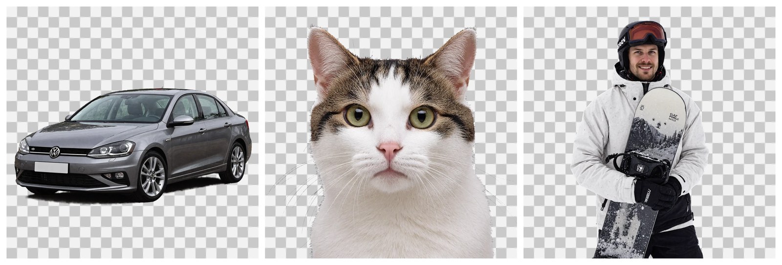 Three transparent-background generations on a grey and white checkerboard: a silver sedan in three-quarter view, a close-up of a tabby-and-white cat's face with long white whiskers, and a smiling snowboarder in a white jacket, helmet and goggles holding a board.