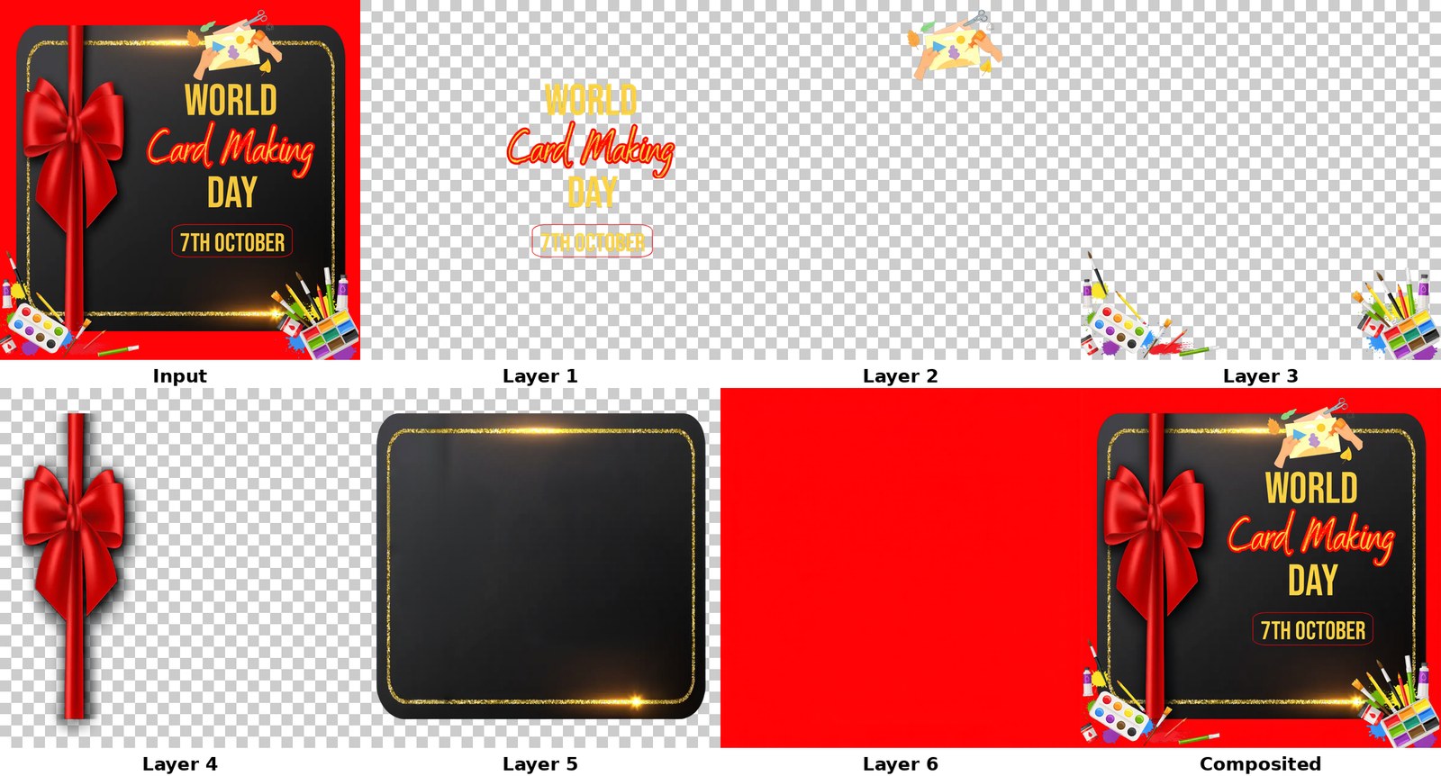 Eight panels in two rows. Top row: the input, a red card reading 'World Card Making Day, 7th October' with a red ribbon and bow down the left edge, art supplies in two corners and a paintbrush illustration at the top; then Layer 1, the text alone on a checkerboard; Layer 2, the top-right illustration; Layer 3, the two corner illustrations. Bottom row: Layer 4, the ribbon and bow; Layer 5, the dark card panel with its gold glitter border; Layer 6, a solid red background; and the recomposited result, visually identical to the input.