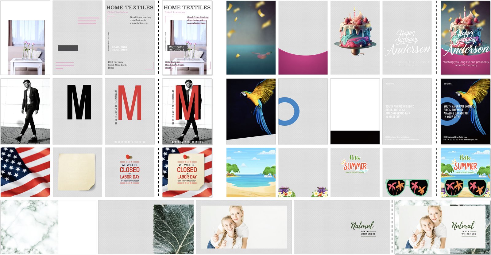 A grid of eight layer decompositions. Each shows several separated layers on grey transparency followed, after a dashed line, by the recomposed design. The designs are template-style graphics: a 'Home Textiles' trade-show flyer, a 'Happy Birthday Anderson' card with a cake, a fashion poster with a large letter M, a South American exotic birds flyer with a parrot, a 'We will be closed on Labor Day' notice on a flag background, a 'Hello Summer' beach graphic with sunglasses, and a 'Natural teeth whiteners' banner with a mother and daughter.
