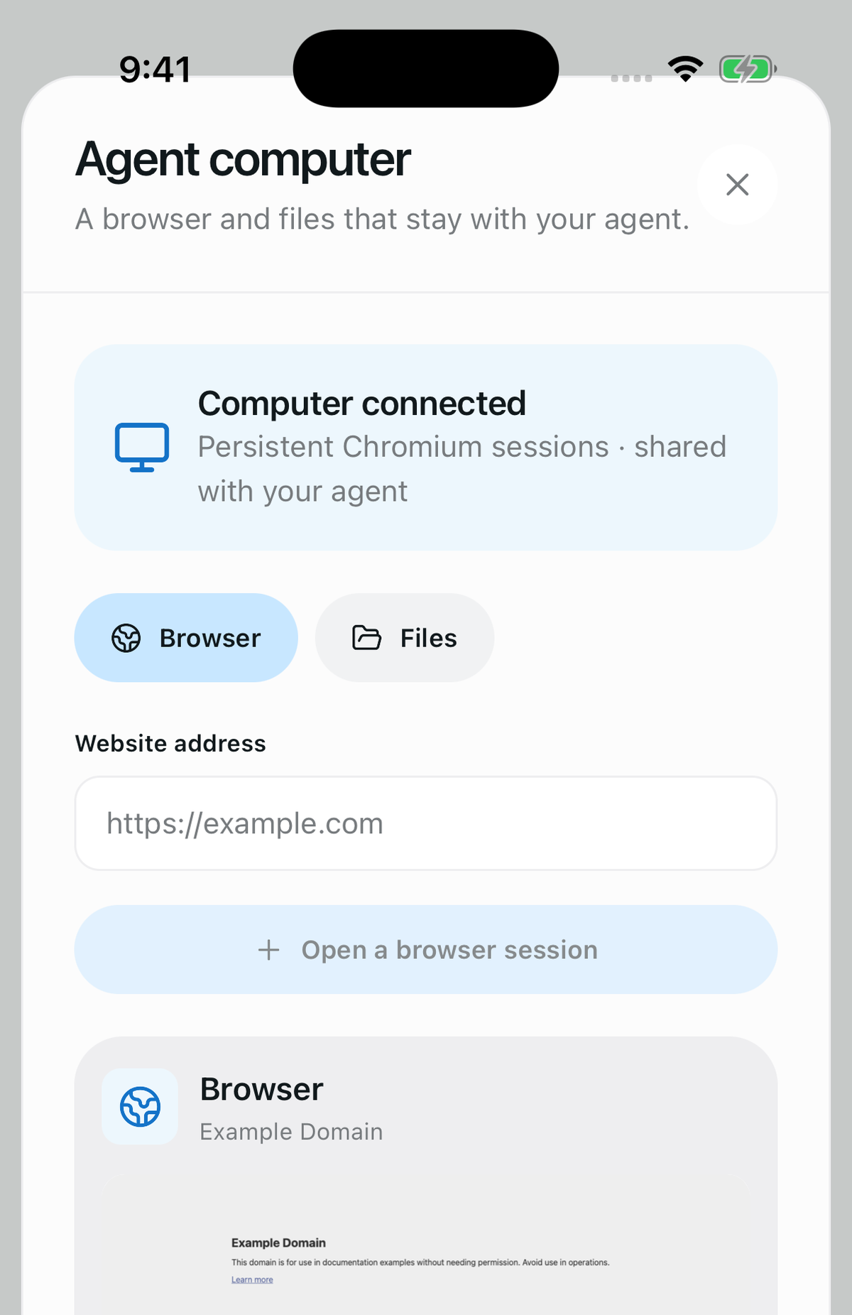 An iPhone screenshot of OpenMuse's Agent computer sheet. The header reads 'Agent computer — A browser and files that stay with your agent.' Below it a blue panel says 'Computer connected · Persistent Chromium sessions · shared with your agent', then two pill tabs labelled Browser and Files, a 'Website address' field prefilled with https://example.com, an 'Open a browser session' button, and a Browser card showing a thumbnail of the Example Domain page.