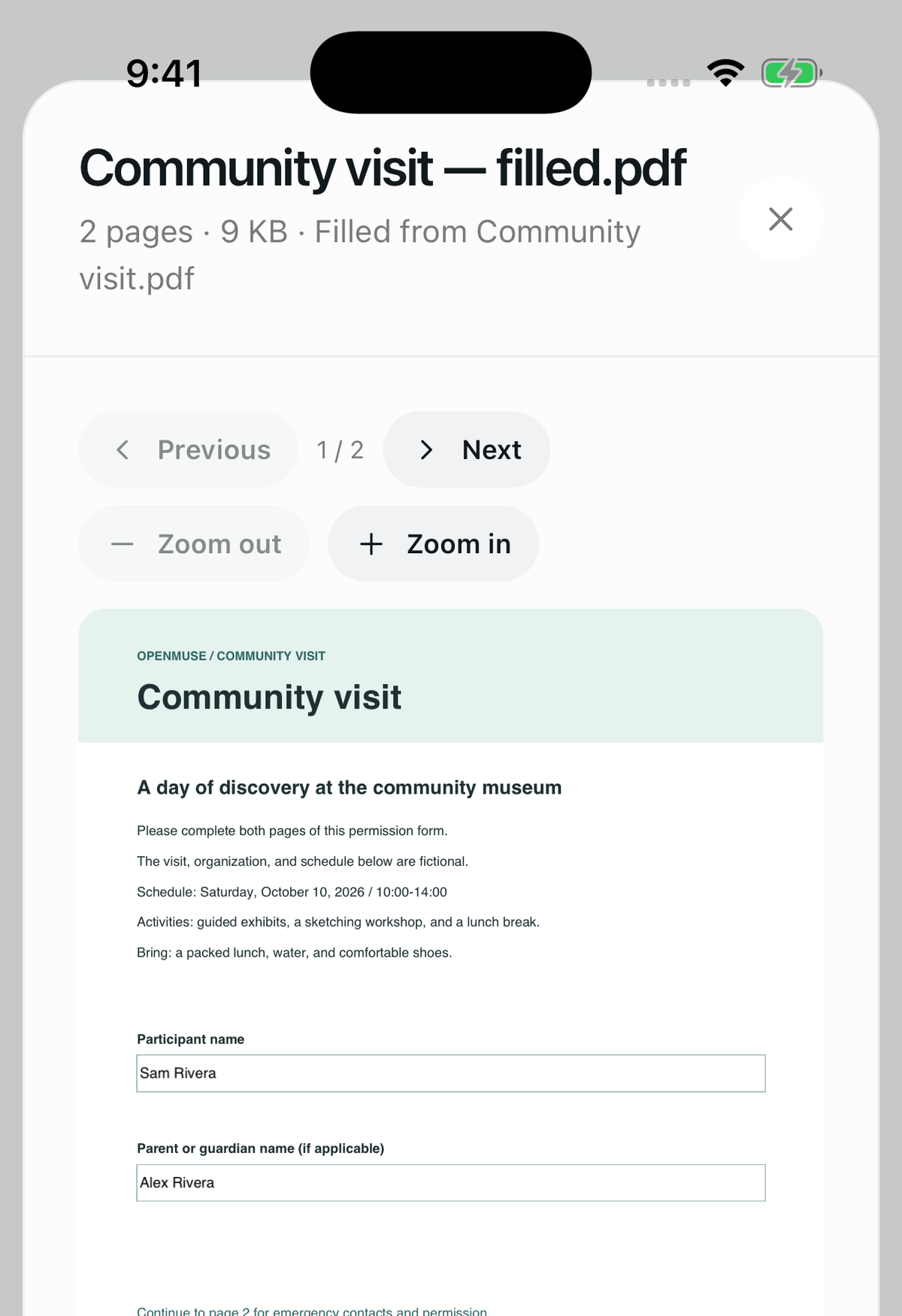 An iPhone screenshot of OpenMuse's PDF viewer showing a document titled 'Community visit — filled.pdf', subtitled '2 pages · 9 KB · Filled from Community visit.pdf'. Page controls read Previous, 1 / 2, Next, Zoom out, Zoom in. The rendered page is a permission form whose Participant name field contains 'Sam Rivera' and whose Parent or guardian name field contains 'Alex Rivera'.