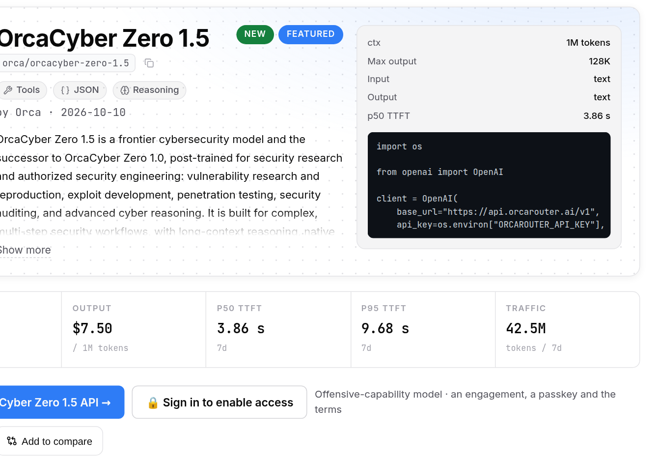 The OrcaRouter model page for OrcaCyber Zero 1.5, model id orca/orcacyber-zero-1.5, tagged Tools, JSON and Reasoning, by Orca, dated 2026-10-10. The description reads that it is a frontier cybersecurity model and the successor to OrcaCyber Zero 1.0, post-trained for security research and authorized security engineering. A side panel lists 1M tokens of context, 128K max output, text in and out, p50 time to first token 3.86 s. Tiles below show input 3.00 dollars and output 7.50 dollars per million tokens, p95 TTFT 9.68 s and 42.5M tokens of traffic over 7 days. A locked button reads Sign in to enable access, next to the note: Offensive-capability model, an engagement, a passkey and the terms.