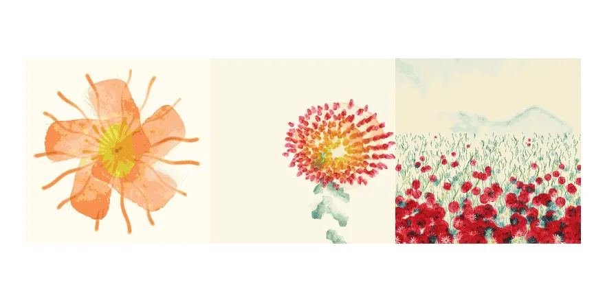 An animated gallery cycling through generated paintings, three at a time: hibiscus flowers in pink, orange, magenta and yellow; fields of red poppies; a bee resting on a yellow bloom; meadows of small blue and red flowers; sprigs of lavender; a dark night scene scattered with pale blue dots; a black spiral of fine radiating lines; and loose ink-splatter fields.
