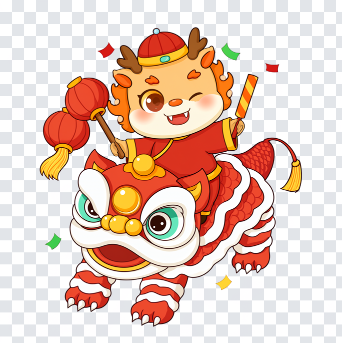 A cartoon dragon in Chinese new-year dress riding a lion-dance lion, holding a lantern and a firecracker, with no background. The empty area is drawn as a pale grey and white checkerboard, showing that those pixels are transparent rather than white.