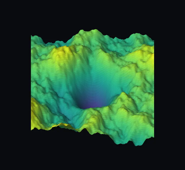 An animated rotating three-dimensional loss landscape in the viridis colour scheme: chaotic green and yellow ridges surrounding a deep purple crater at the centre, turning slowly through a full revolution.