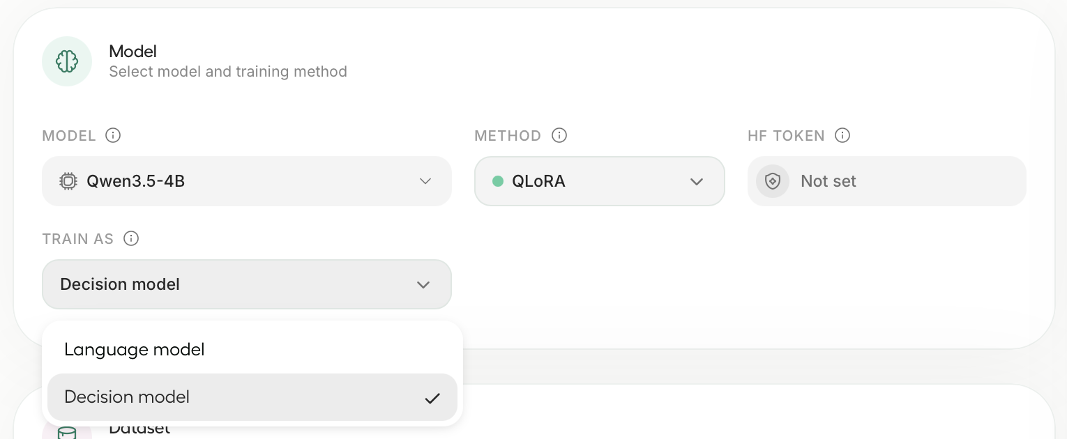 Unsloth Studio's Model panel: model Qwen3.5-4B, method QLoRA, and a 'Train as' dropdown open with 'Language model' and 'Decision model', the latter checked.