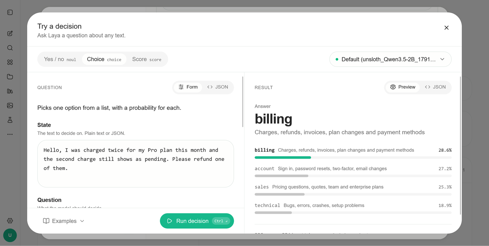 Studio's 'Try a decision' dialog with a Qwen3.5-2B run selected. The state is a message about being charged twice for a Pro plan. The answer is 'billing' at 28.6%, with account 27.2%, sales 25.3% and technical 18.9%.