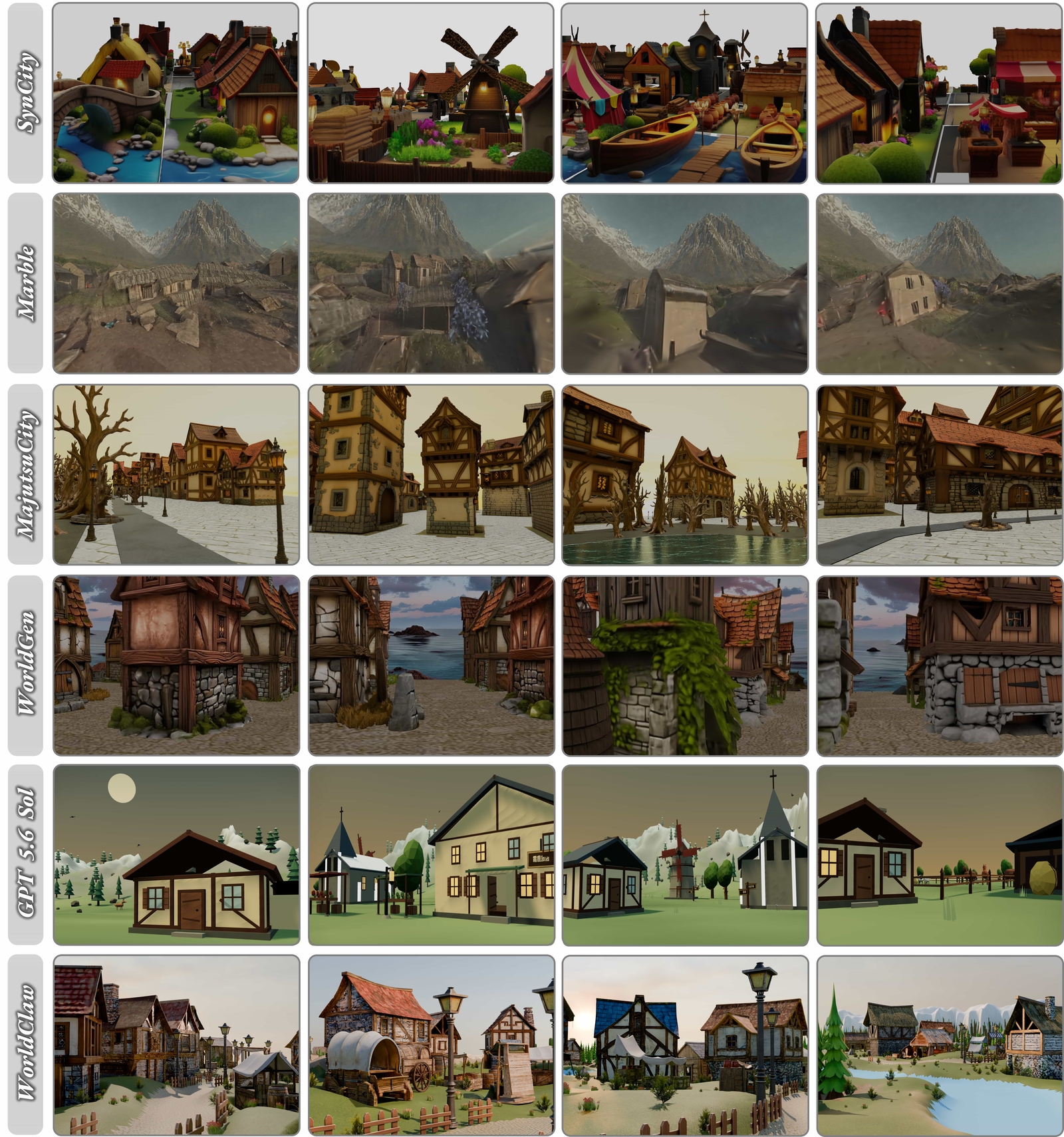 Grid comparing WorldClaw against alternative methods across several prompts, showing global views of each generated world side by side. WorldClaw's rows show larger terrain structures with distinct regions and denser object placement.